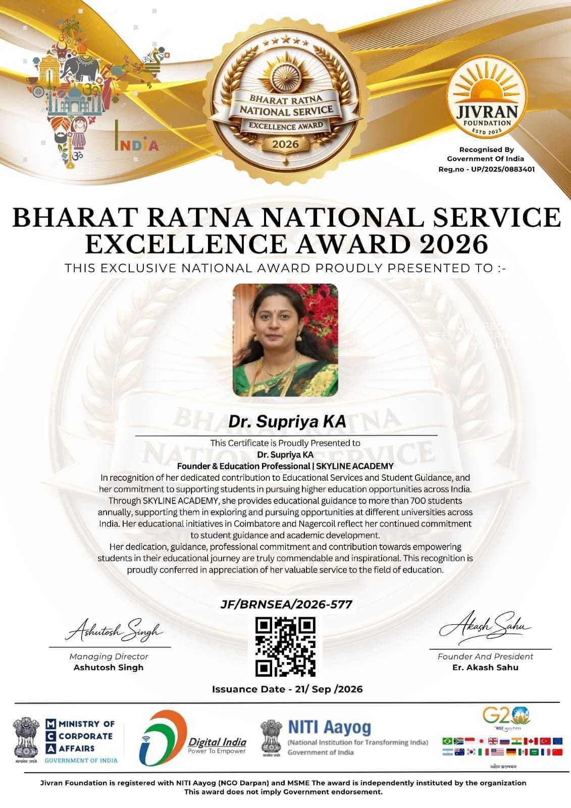 Bharat Ratna National Service Excellence Award 2026 – Dr. Supriya K A